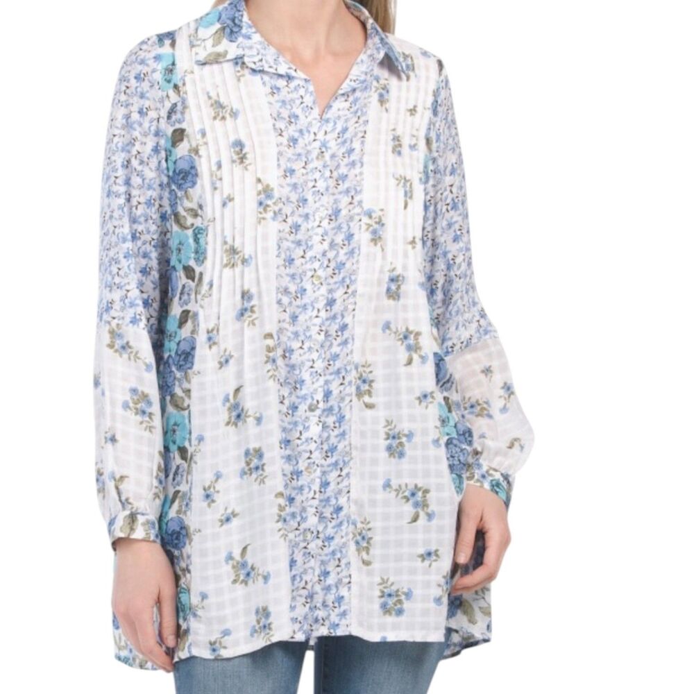 Jane + Delancey Tunic Top Blouse Boho Pleated Button Front Floral Blue S